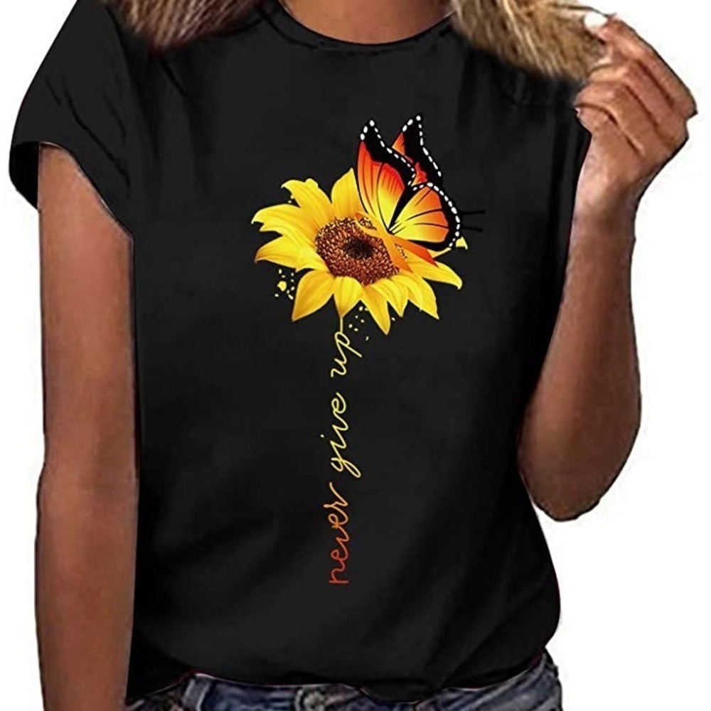 ❤️ Never Give Up Sunflower Butterfly Graphic T Shirt Black Sz S